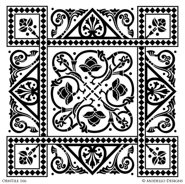 Detailed and Classic Square Tile Stencils with Flower and Modern Designs - Modello Custom Stencils