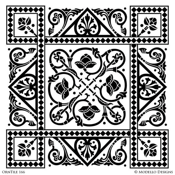Detailed and Classic Square Tile Stencils with Flower and Modern Designs - Modello Custom Stencils