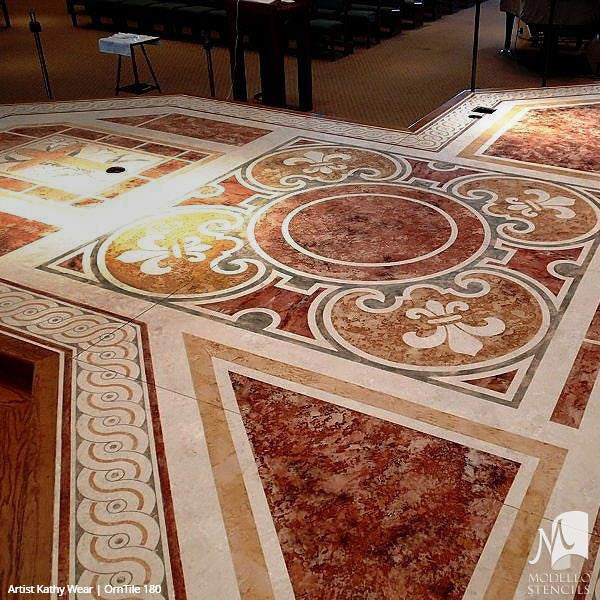 Colorful Painted Concrete Floor Stencils with Ornamental Tiles - Modello Custom Stencils