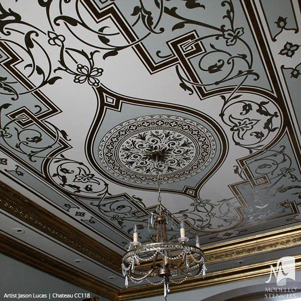 Colorful Ceiling Design with Painted Ceiling Stencils - Panel Designs by Modello Stencils