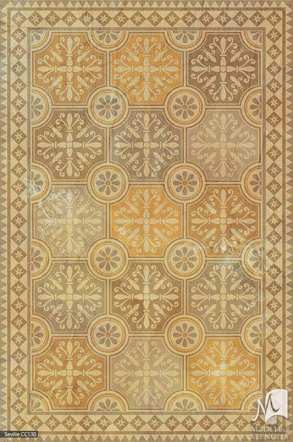European Spanish Geometric Tile Patterns Painted on Floors and Ceilings - Modello Custom Carpet Panel Stencils