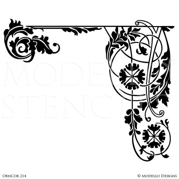Leaves Vines Designs on Custom Painted Wall Corner Murals - Modello Custom Adhesive Vinyl Stencils
