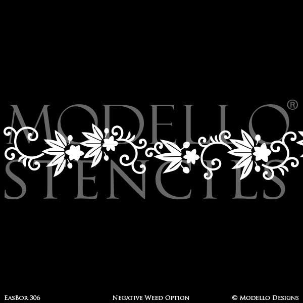 Asian Flower Vines Leaves Border Stencils for Painting Decorative Wall Finish - Modello Designs