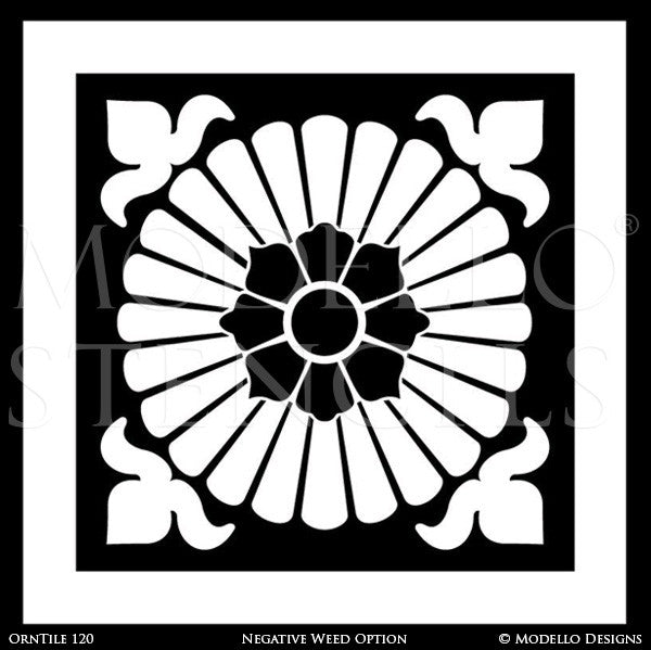 Geometric Floral Tiles Stenciled onto Floors and Ceilings - Modello Custom Stencils
