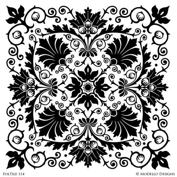 Leaves Vines Designs on Custom Painted Wall Tile Murals - Modello Custom Adhesive Vinyl Stencils