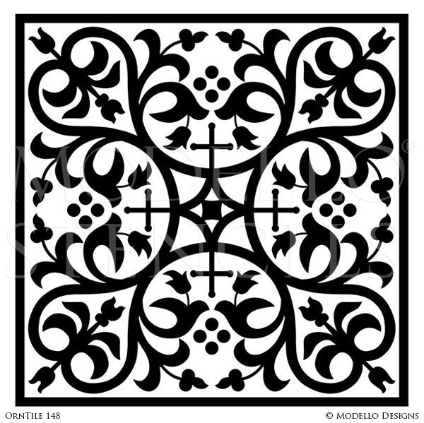 Ornate Square Tiles with Painted Pattern - Modello Custom Designer Stencils