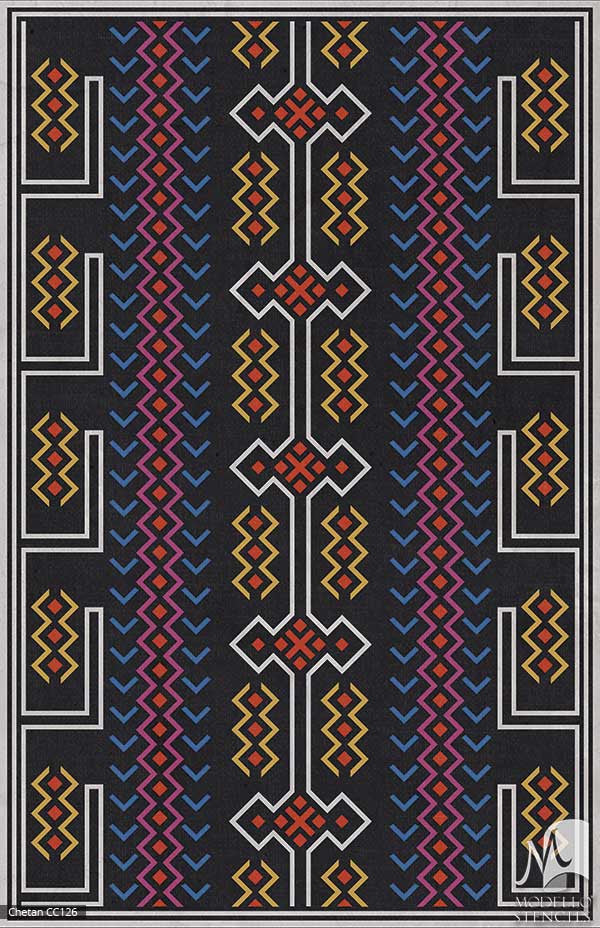 Tribal African Southwest Navajo Pattern - Painted Floor Carpet Panels - Geometric Custom Stencils for Decorating