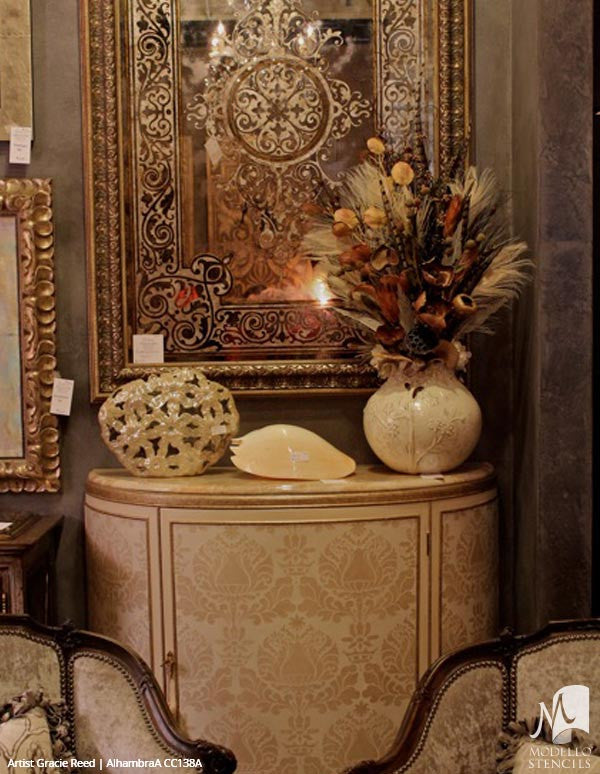 Traditional Antique Mirrors with Custom Painted Designs - Modello Panel Stencils