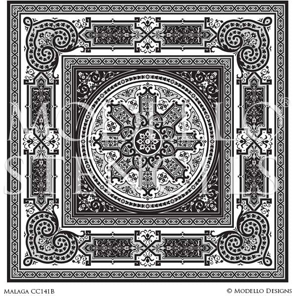 Painting Ceiling Designs and Faux Floor Carpets with Custom Classic Ornate Pattern Stencils