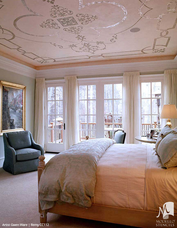Elegant Grand Ceiling Design Painted with Large Designer Panel Ceiling Stencils - Modello Custom Stencils
