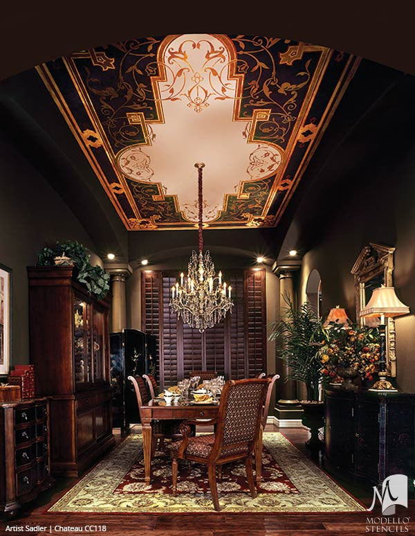 Grand Ceiling Stencils with Ornate Designs and European Style Interior Decor - Modello Custom Ceiling Panel Stencils