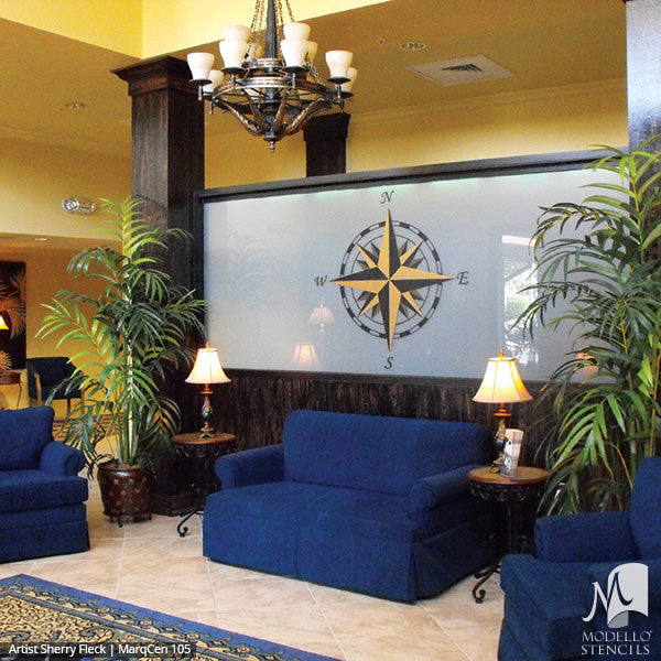 Large Compass Decor Painted and Stenciled on Wall Art Stencils - Modello Custom Stencils