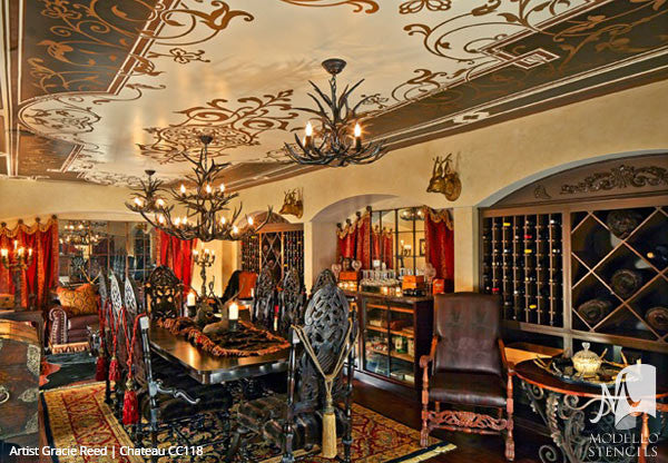 Grand Ceiling Panel Stencils with Ornate Designs and European Style Interior Decor - Modello Custom Stencils