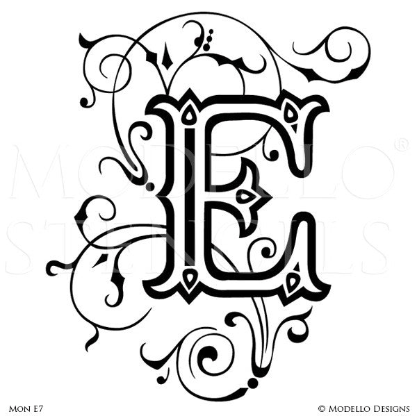 Letter E Decorating Family Name and Initials on Wall with Modello Custom Stencils