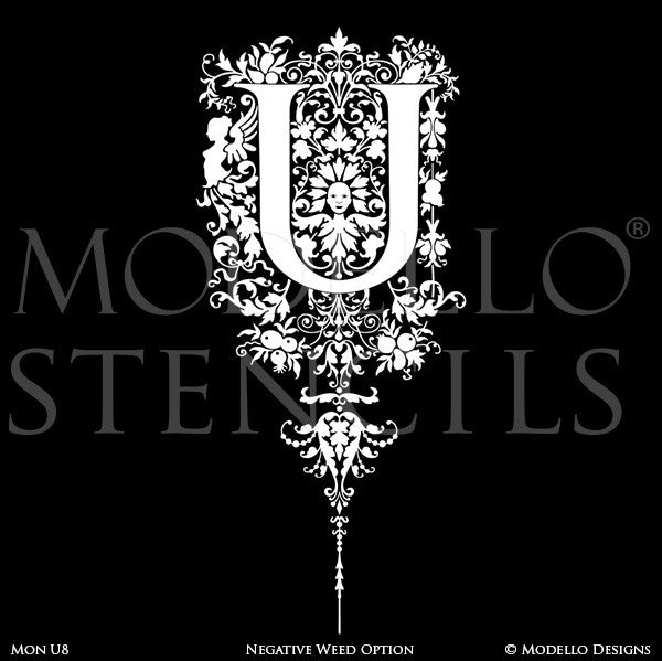 Letter U Monogram Stencils with Ornate Classic Floral Designs - Modello Custom Stencils
