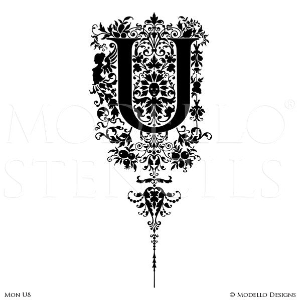 Letter U Monogram Stencils with Ornate Classic Floral Designs - Modello Custom Stencils