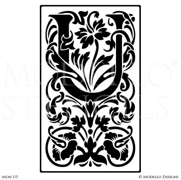 Letter U Monogram Stencils with Ornate Classic Foliage Designs - Modello Custom Stencils