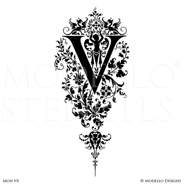 Letter V Decorating Family Name and Initials on Wall with Modello Custom Stencils
