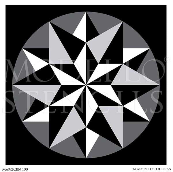 Geometric Stars Design on Painted Wall Art - Custom Painted Marquetry Wood Floors Stencils