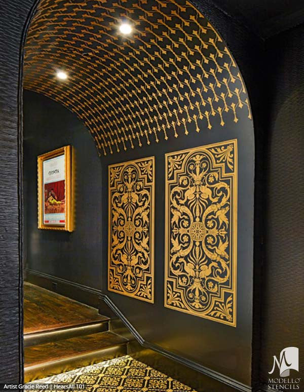 Black and Gold Interior with Large Wall and Ceiling Stencils - Modello Designs