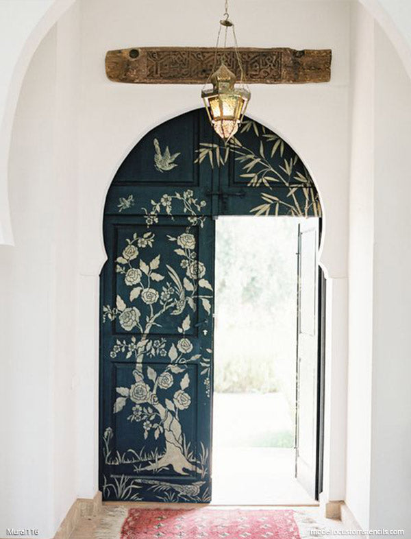 Custom Door Design Chinoiserie Pattern Wall Mural Flower Stencil Bird Stencil Asian Stencils - Modello Designs Custom Stencils - modellocustomstencils.com