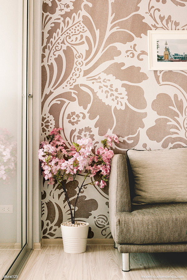 Hand Painted Murals for Beginners Damask Pattern Stencils Large Flower Wallpaper - Modello Custom Wall Stencils modellocustomstencils.com