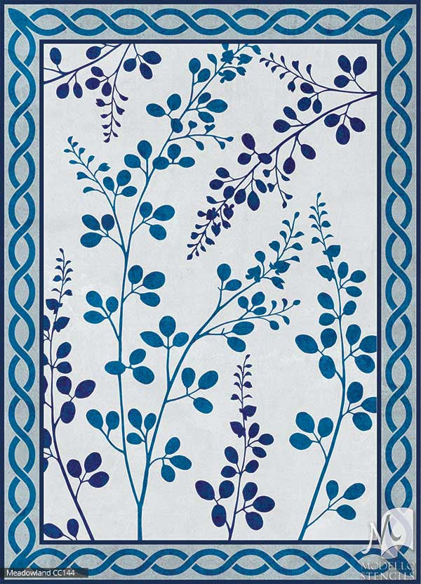 Blue Faux Rug Carpet Floor Makeover - Modello Custom Stencils with Leaves and Ferns and Nature