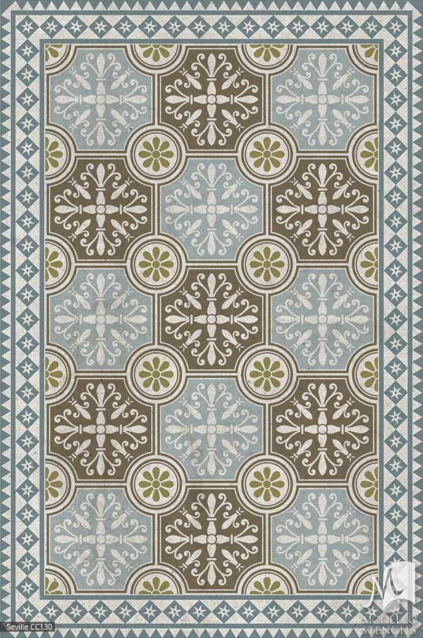 European Spanish Geometric Tile Patterns Painted on Floors and Ceilings - Modello Custom Carpet Panel Stencils