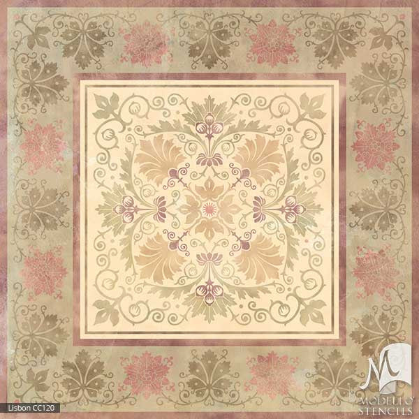 European Leaf Vine Nature Designs Painted on Custom Floor Stencils - Modello Custom Carpet Panel Stencils