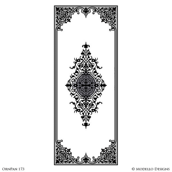 Moroccan Asian Indian Design and Interiors - Painted Wall Panel Patterns - Modello Custom Stencils for Decorating Hallway Hardwood Floors