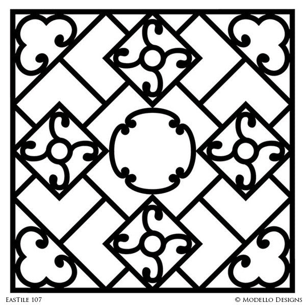 Geometric Tile Patterns Painted on Floors and Ceilings - Modello Custom Stencils