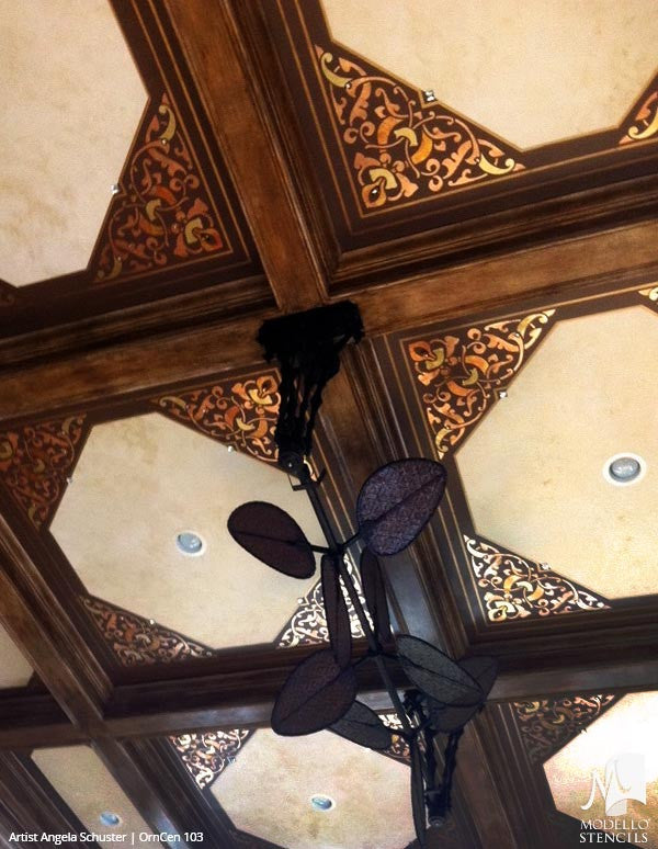 Elegant Grand Ceiling Design Painted with Large Designer Corner Stencils - Modello Custom Stencils