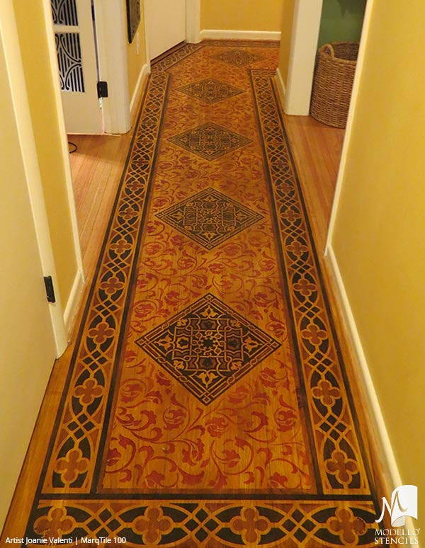 Faux Painted Carpet Rug on Wood Floor Makeover - Modello Custom Tile Stencils