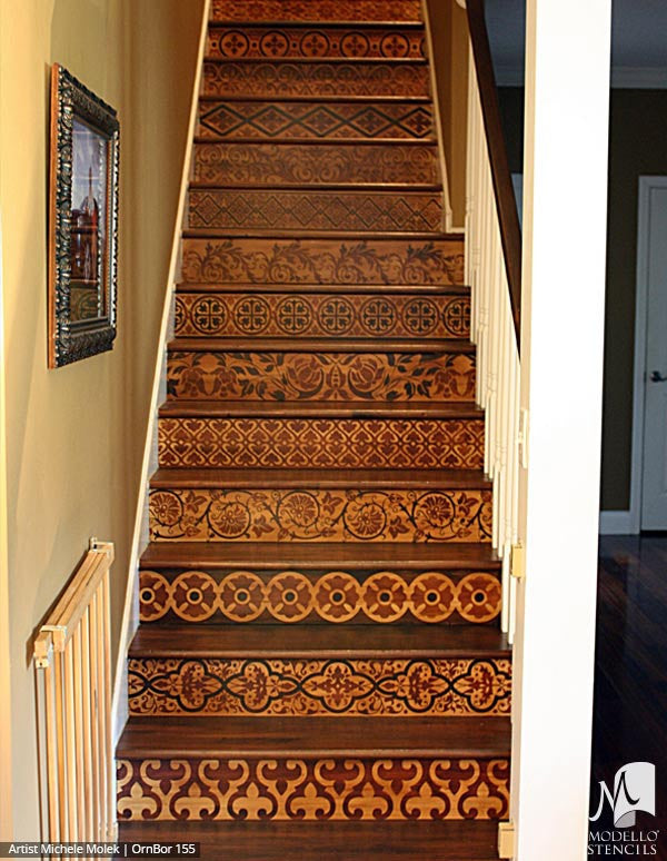 Painted Wood Floor Stairs with Stenciled Border Designs - Modello Custom Stencils