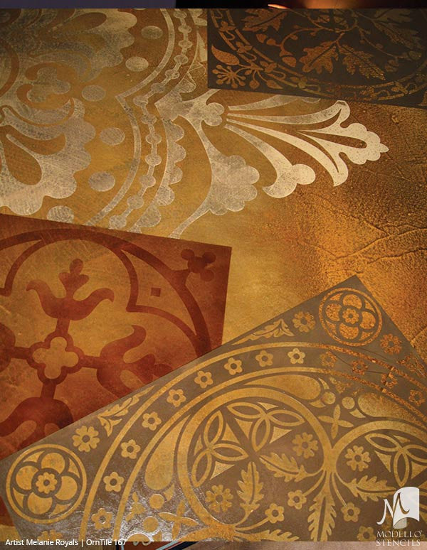 Circle of Leaves Tile Pattern on Painted Concrete Floors - Modello Custom Stencils