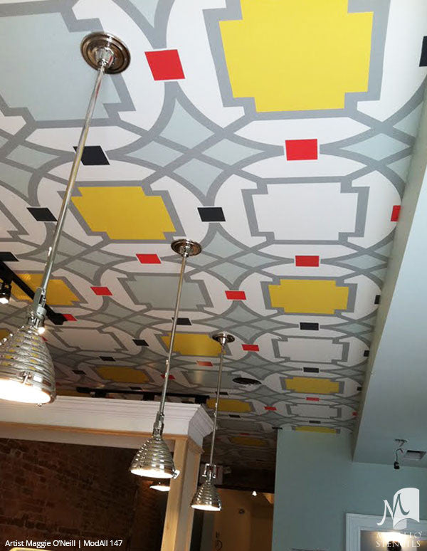 Colorful Painted Ceiling with Modern Geometric Patterns - Modello Custom Stencils
