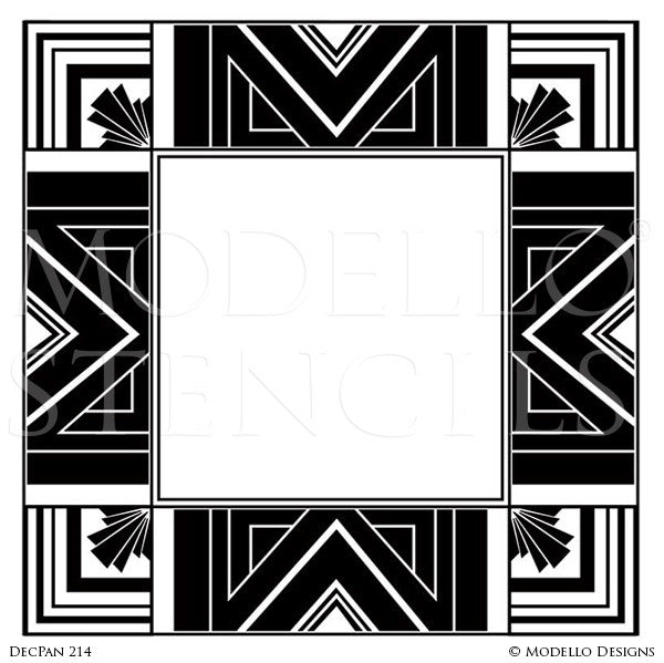 Art Deco Geometric Interior Design - Custom Adhesive Square Wall Panel Stencils for Decorating Painting