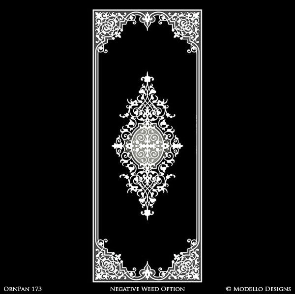 Moroccan Asian Indian Design and Interiors - Painted Wall Panel Patterns - Modello Custom Stencils for Decorating Hallway Hardwood Floors