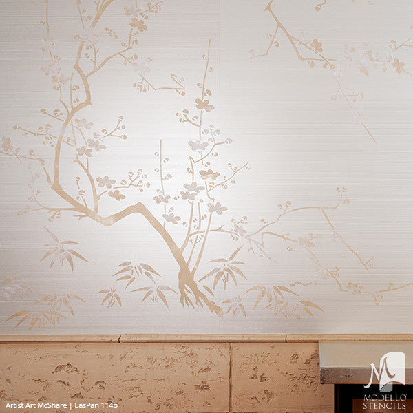 Custom Designed Wall Art Stencils - Asian Japanese Cherry Blossom Tree Branch Stencils - Modello Stencils