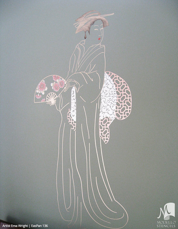 Large Asian Japanese Geisha Painted Wall Art Decor - Modello Custom Stencils
