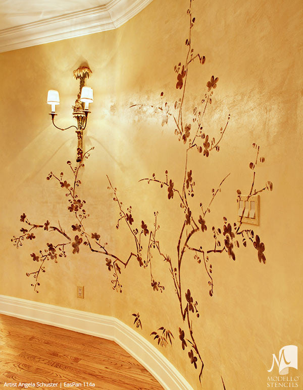 Large Cherry Blossom Tree Branch Wall Mural Stencils - Asian Oriental Decor Painted with Modello Custom Stencils