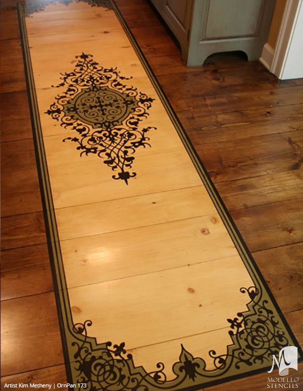 Moroccan Asian Indian Design and Interiors - Painted Wall Panel Patterns - Modello Custom Stencils for Decorating Hallway Hardwood Floors