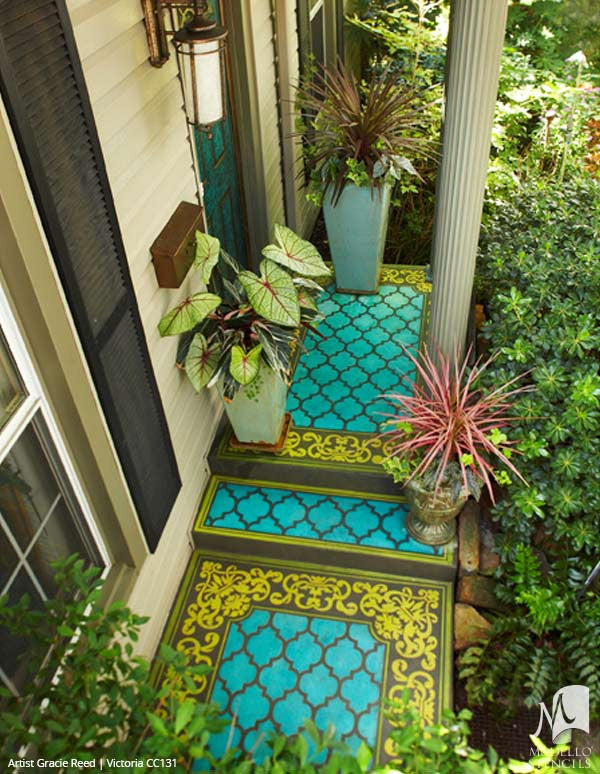 Colorful Painted Concrete Floor Stencils with Ornamental Faux Carpet Patterns on Patio - Modello Custom Stencils