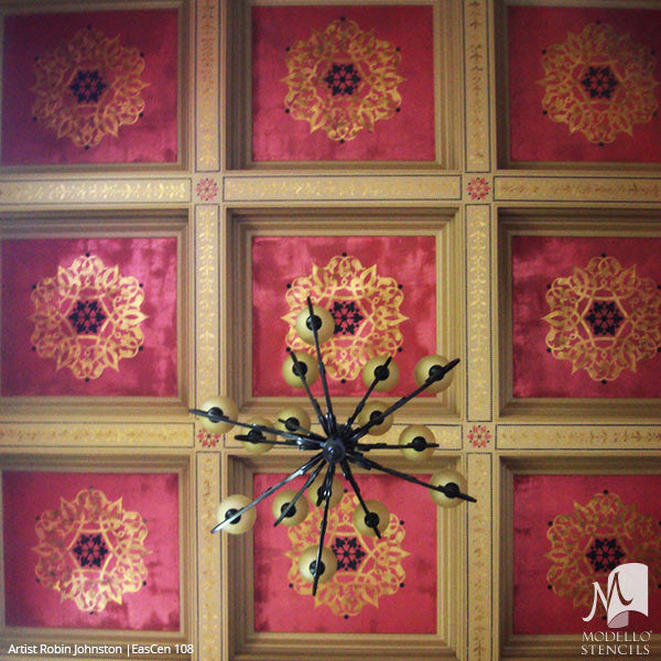 Colorful Ceiling Design with Painted Medallion Stencils - Exotic Oriental Moroccan Asian Indian Decor