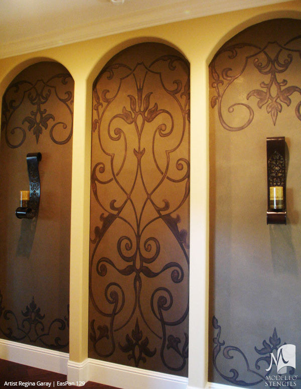 Long Panel Shape Painted on Furniture, Archways, Glass Windows - Moroccan Asian Indian Designs - Modello Custom Furniture Panel Stencils