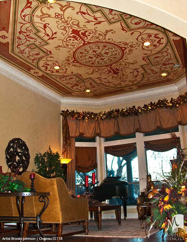 Grand Ceiling Panel Stencils with Ornate Designs and European Style Interior Decor - Modello Custom Stencils