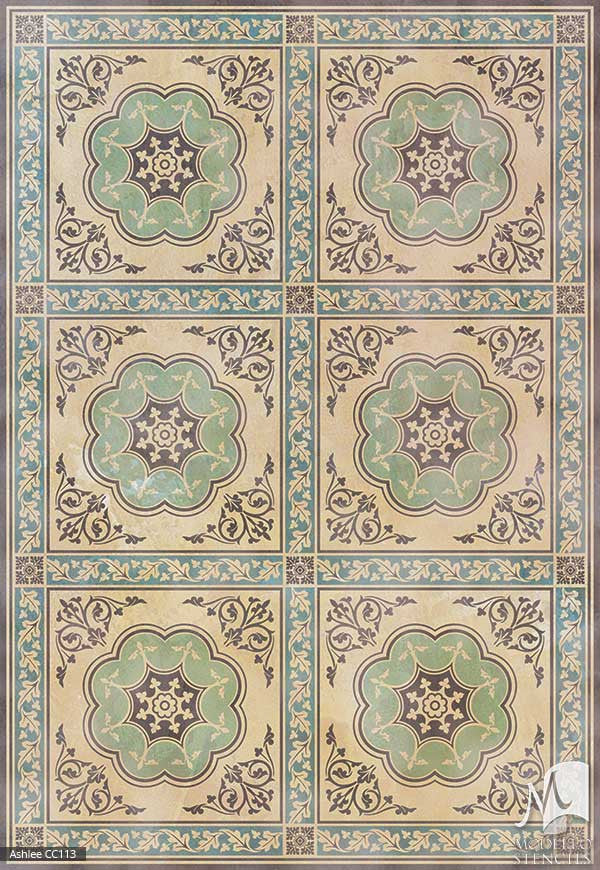 Green Faux Rug Carpet Floor Makeover - Modello Custom Stencils