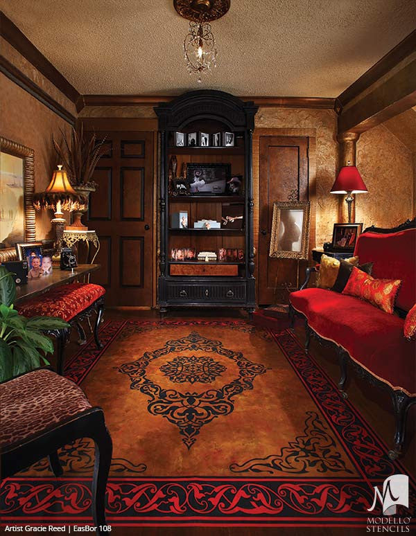 Painted DIY Floor Carpet Design with Colorful Medallion Floor Stencils