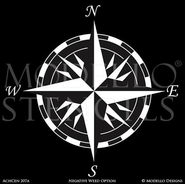 Large Compass Decor Painted and Stenciled on Wall Art or Floor - Modello Custom Stencils