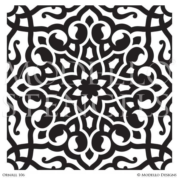 Moroccan, Asian, Indian Decor Ideas and Exotic Interiors - Custom Wall Art and Painted Tile Stencils